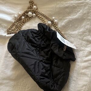 Steve Madden Black Quilted Bag with Gold Chain and Pearl Details